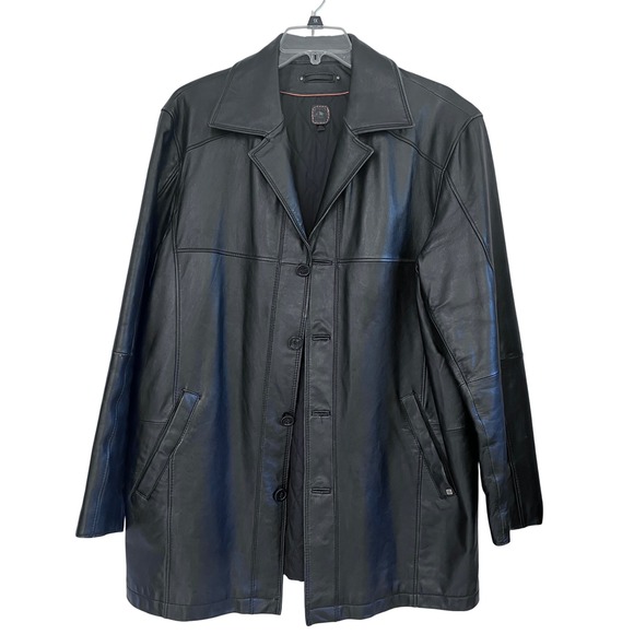 Wilsons Black Leather Button Front Collared Jacket‎ Coat XL Quilted Lined